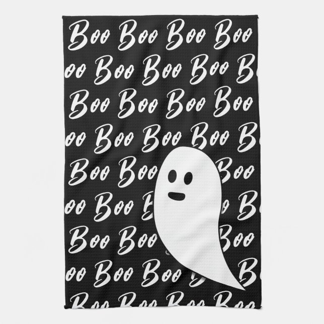 Ghost Halloween black white boo Tea Towel (Vertical)