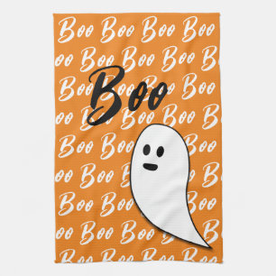 Ghost Halloween black white orange boo Tea Towel