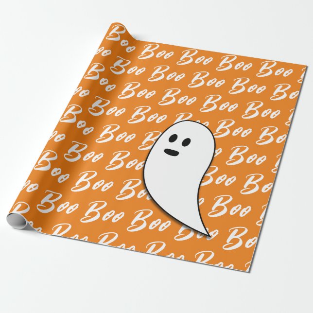 Ghost Halloween black white orange boo Wrapping Paper (Unrolled)