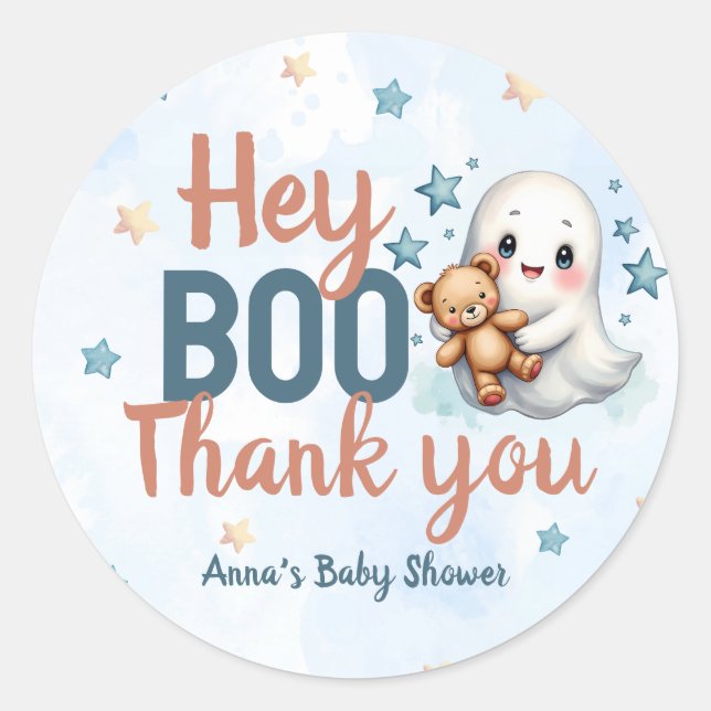 Ghost Halloween Boy Baby Shower Custom Thank You Classic Round Sticker (Front)