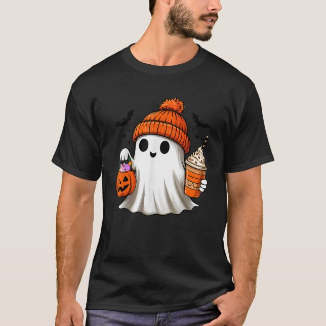 Ghost Halloween Coffee Fall Autumn Pumpkin Spooky  T-Shirt (Front)