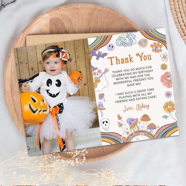 Ghost Halloween Groovy Birthday Photo Thank You Card (Creator Uploaded)