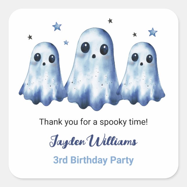 Ghost Halloween Kids 3rd Birthday Party Thank You Square Sticker (Front)