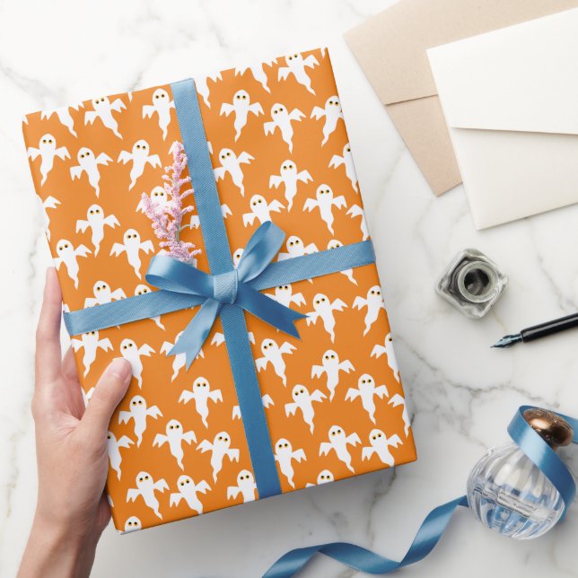 Ghost Halloween Orange Wrapping Paper (Gifting)