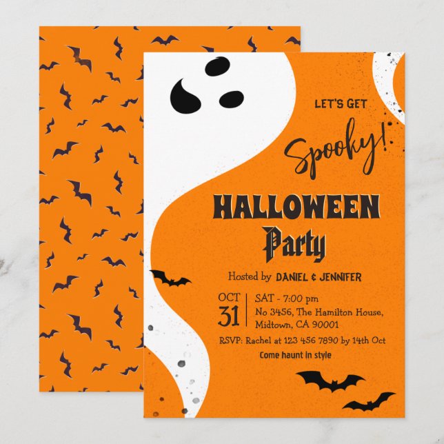 Ghost Halloween Party Let's Get Spooky Orange Bat Invitation (Front/Back)