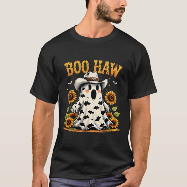 Ghost Halloween Spooky Western Funny Boo Haw Cowbo T-Shirt (Front)