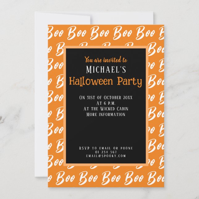 Ghost Halloween white orange boo text pattern Invitation (Front)