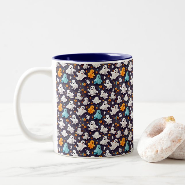 Ghost Happy Halloween Cute and Spooky Seasonal Two-Tone Coffee Mug (With Donut)