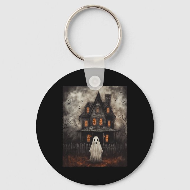 Ghost Haunted House Midnight Halloween Ghost Spook Key Ring (Front)