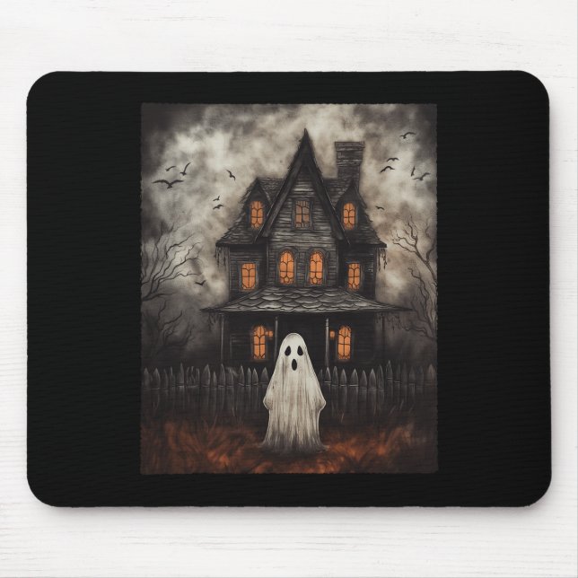 Ghost Haunted House Midnight Halloween Ghost Spook Mouse Mat (Front)