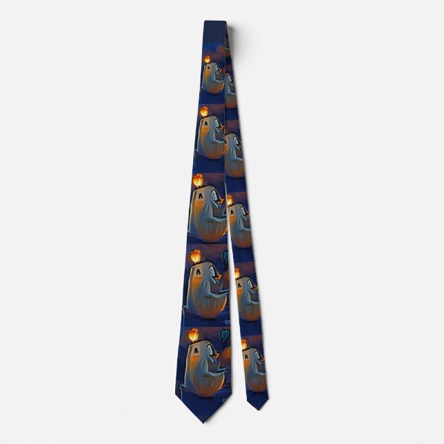  ghost having fun trick and treating  tie (Front)