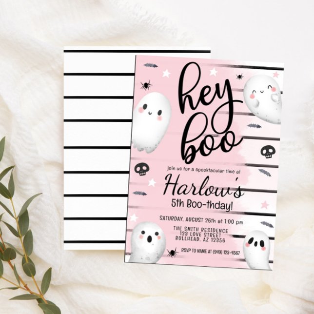 Ghost Hey Boo Pastel Pink Halloween Birthday  Invitation (Creator Uploaded)