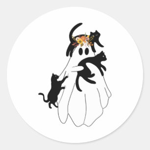 Ghost Holding A Black Cat Lazy Halloween Lover Classic Round Sticker