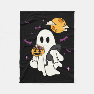 Ghost Holding A Black Cat Lazy Halloween Lover Men Fleece Blanket