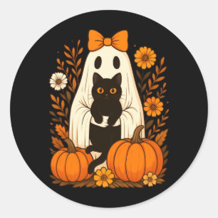 Ghost Holding Black Cat Cute Ghost Groovy Floral Classic Round Sticker