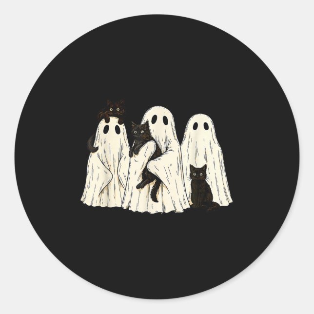 Ghost Holding Black Cat Funny Halloween Cat Lovers Classic Round Sticker (Front)
