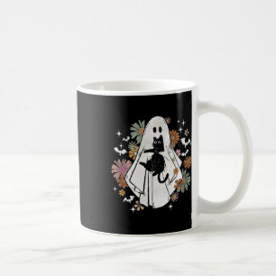 Ghost Holding Black Cat Groovy Floral Halloween Go Coffee Mug