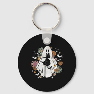 Ghost Holding Black Cat Groovy Floral Halloween Go Key Ring