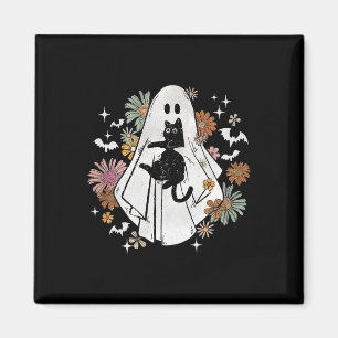 Ghost Holding Black Cat Groovy Floral Halloween Go Magnet