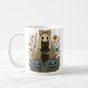 Ghost Holding Black Cat Groovy Floral Vintage Hall Coffee Mug