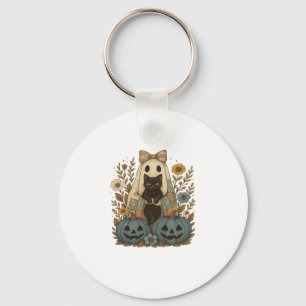 Ghost Holding Black Cat Groovy Floral Vintage Hall Key Ring