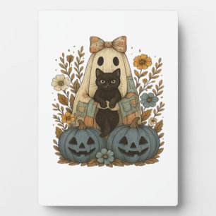 Ghost Holding Black Cat Groovy Floral Vintage Hall Plaque