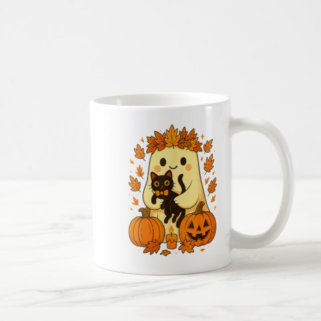 Ghost Holding Black Cat Halloween Pumpkins Autumn  Coffee Mug (Right)