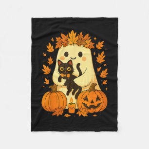 Ghost Holding Black Cat Halloween Pumpkins Autumn  Fleece Blanket