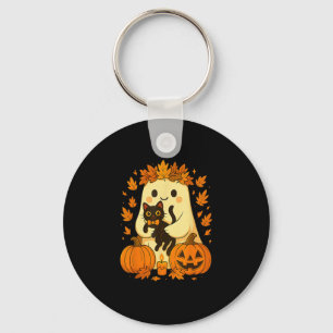 Ghost Holding Black Cat Halloween Pumpkins Autumn  Key Ring