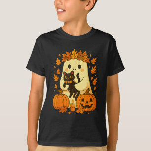 Ghost Holding Black Cat Halloween Pumpkins Autumn  T-Shirt