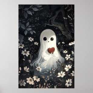 Ghost Holding Heart In Flower Woods Print
