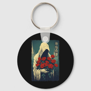 Ghost Holding Red Roses Halloween Sad Aesthetic St Key Ring