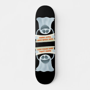 Ghost holding text skateboard