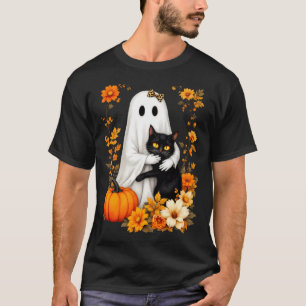 Ghost Hugging Black Cat Halloween Cats Lover Women T-Shirt