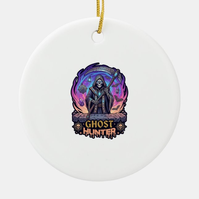 Ghost Hunter Grim Reaper Skeleton Scythe Purple Fl Ceramic Tree Decoration (Front)