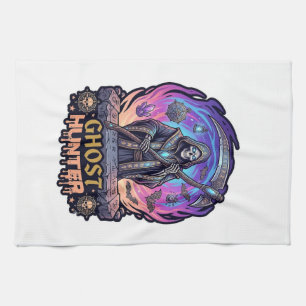 Ghost Hunter Grim Reaper Skeleton Scythe Purple Fl Tea Towel