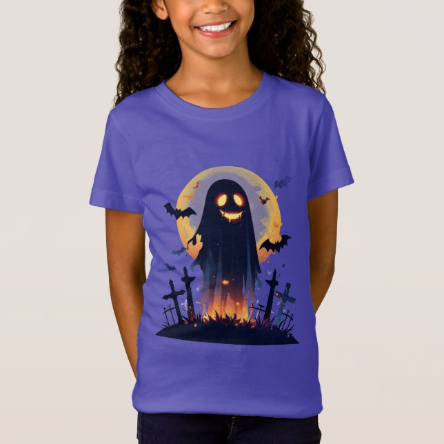 Ghost in a Haunted Graveyard With Full Moon T-Shirt (Front)