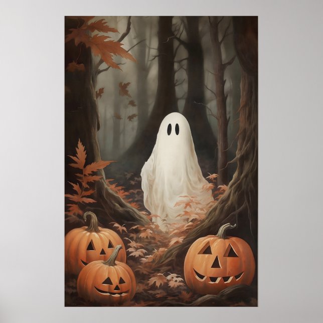 Ghost in fall woods with pumpkins, dark academia poster (Front)