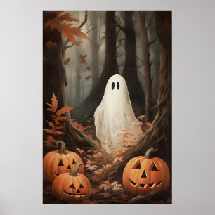 Ghost In Fall Woods With Pumpkins, Dark Academia Poster