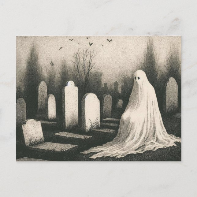 Ghost in Graveyard Spooky Vintage Illustration  Postcard (Front)