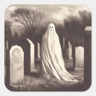 Ghost in Graveyard Vintage Illustration Sticker