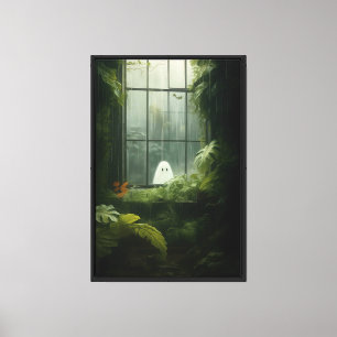 Ghost in Rainy Greenhouse – Spooky Botanical Canvas Print