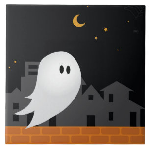 Ghost in town halloween spooky concept tile