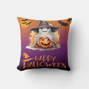 Ghost in Witches Hat Jack-O' Lantern Halloween Cushion