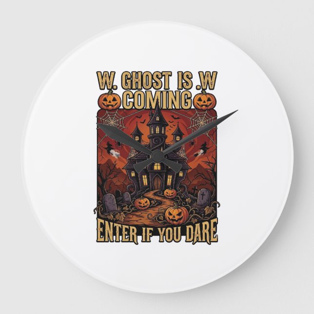 Ghost Is Coming Halloween Haunted House Pumpkins B Large Clock (Front)