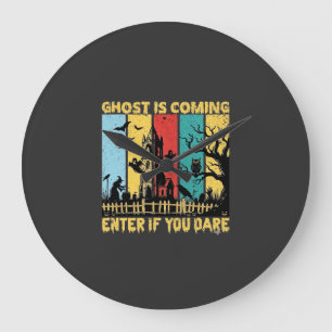 Ghost Is Coming Halloween Haunted House Witch Owl_ Large Clock