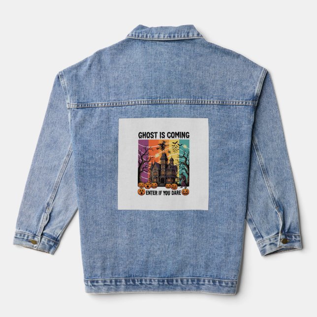 Ghost Is Coming Halloween Haunted House Witch Pump Denim Jacket (Back)