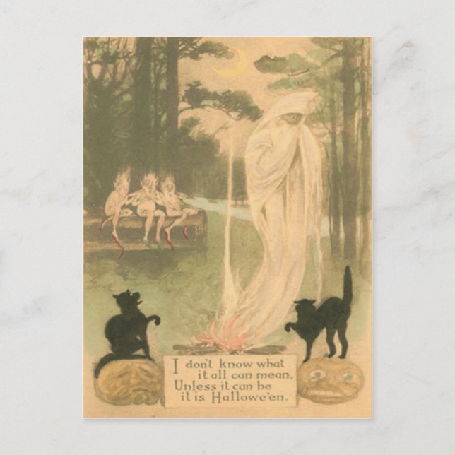 Ghost Jack O Lantern Black Cat Elves Postcard (Front)