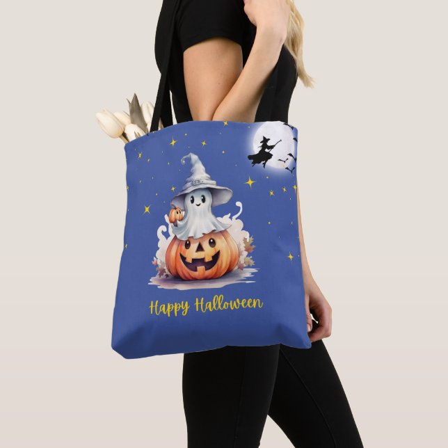 Ghost Jack-O' Lantern Full Moon Stars Halloween Tote Bag (Close Up)