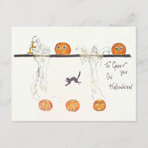 Ghost Jack O Lantern Pumpkin Black Cat Postcard